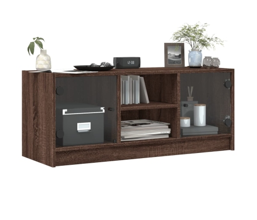 Mueble de TV con puertas de vidrio marrón roble 102x37x42 cm