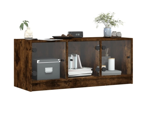 Mueble de TV con puertas de vidrio roble ahumado 102x37x42 cm