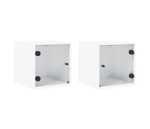 Mesitas de noche con puertas de vidrio 2 uds blanco 35x37x35 cm