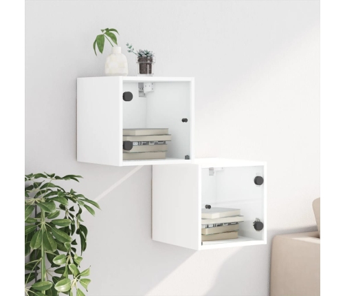 Mesitas de noche con puertas de vidrio 2 uds blanco 35x37x35 cm