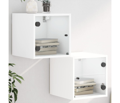 Mesitas de noche con puertas de vidrio 2 uds blanco 35x37x35 cm