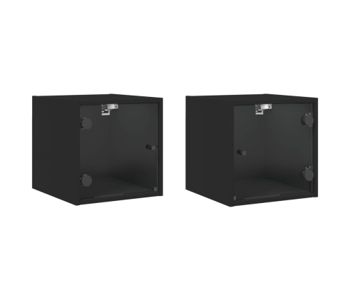 Mesitas de noche con puertas de vidrio 2 uds negro 35x37x35 cm