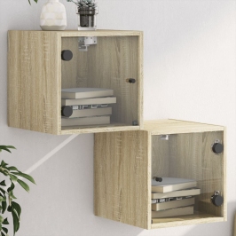 Mesitas noche con puertas vidrio 2 uds roble Sonoma 35x37x35 cm