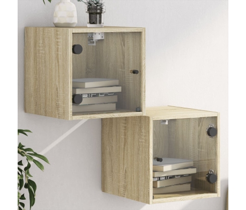 vidaXL Mesitas noche con puertas vidrio 2 uds roble Sonoma 35x37x35 cm