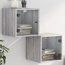 Mesitas noche con puertas vidrio 2 uds gris Sonoma 35x37x35 cm