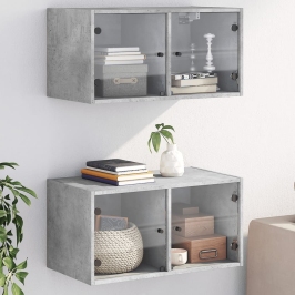 Mueble pared puertas vidrio 2 uds gris hormigón 68,5x37x35 cm