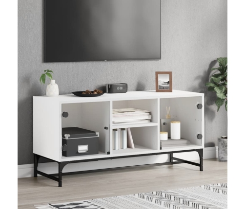 Mueble de TV con puertas de vidrio blanco 102x37x50 cm