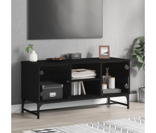 Mueble de TV con puertas de vidrio negro 102x37x50 cm