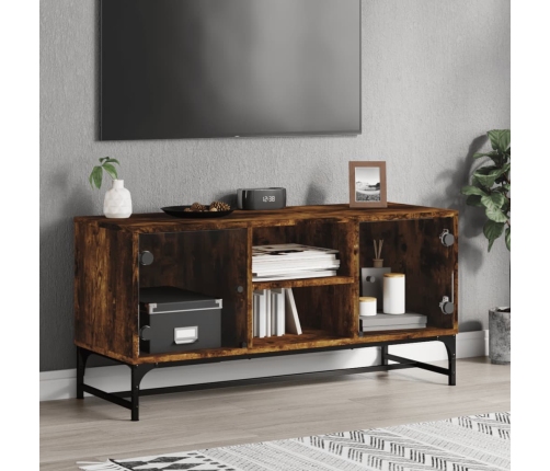 Mueble de TV con puertas de vidrio roble ahumado 102x37x50 cm