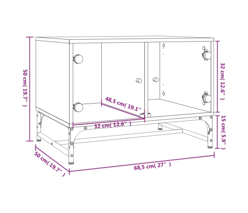 vidaXL Mesa de centro puertas de vidrio roble ahumado 68,5x50x50 cm