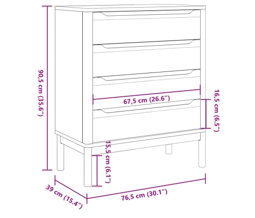 Cómoda cajonera FLORO madera maciza de pino marrón cera