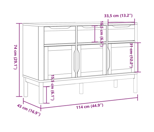 Aparador FLORO madera maciza de pino marrón cera 114x43x74 cm