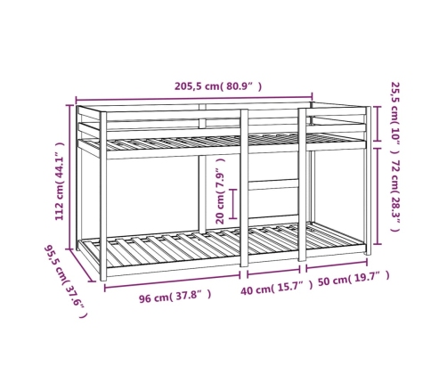 Cama litera sin colchón madera maciza de pino 90x200 cm