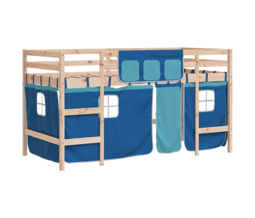 Cama alta para niños con cortinas madera pino azul 80x200 cm