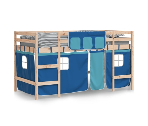 Cama alta para niños con cortinas madera pino azul 80x200 cm