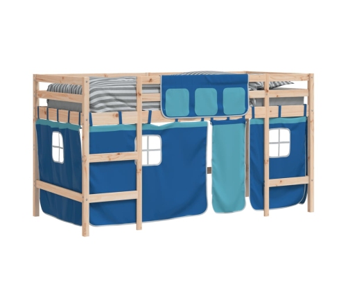 Cama alta para niños con cortinas madera pino azul 80x200 cm