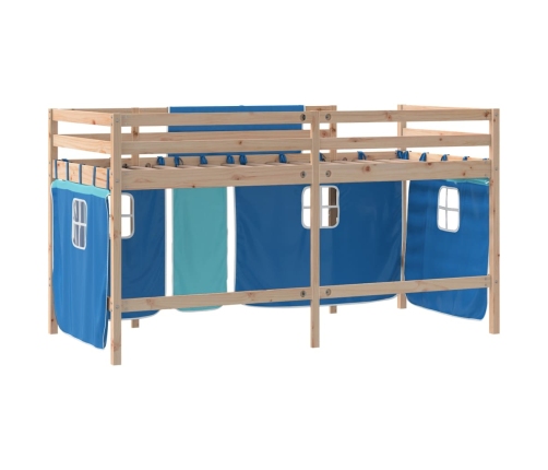 Cama alta para niños con cortinas madera pino azul 80x200 cm