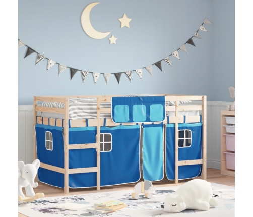 Cama alta para niños con cortinas madera pino azul 80x200 cm