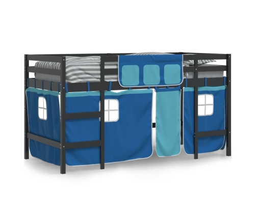 Cama alta para niños con cortinas madera pino azul 80x200 cm