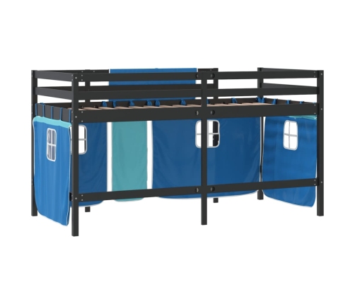 Cama alta para niños con cortinas madera pino azul 80x200 cm