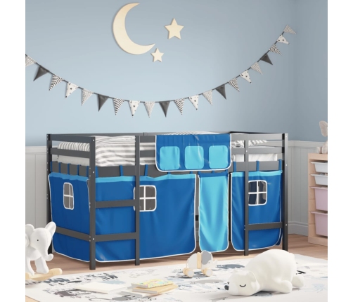 Cama alta para niños con cortinas madera pino azul 80x200 cm