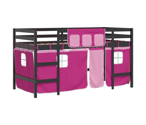 Cama alta para niños con cortinas madera pino rosa 80x200 cm