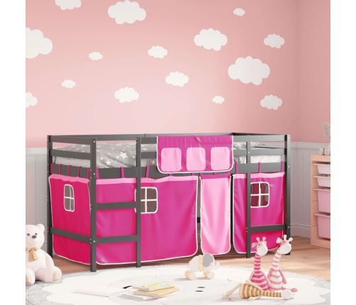 Cama alta para niños con cortinas madera pino rosa 80x200 cm