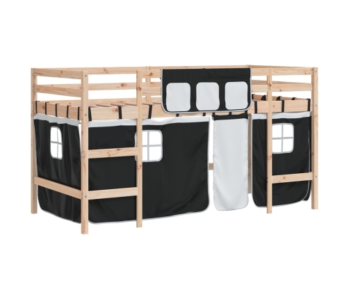 Cama alta niños con cortinas madera pino blanco negro 90x200 cm