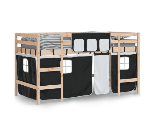 Cama alta niños con cortinas madera pino blanco negro 90x200 cm