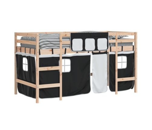 Cama alta niños con cortinas madera pino blanco negro 90x200 cm