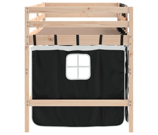 Cama alta niños con cortinas madera pino blanco negro 90x200 cm