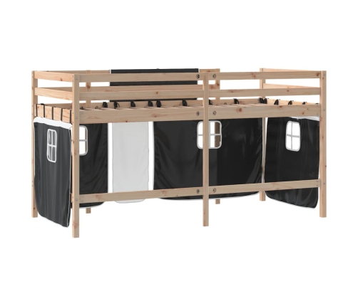 Cama alta niños con cortinas madera pino blanco negro 90x200 cm