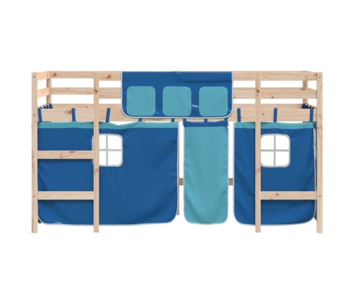 Cama alta para niños con cortinas madera pino azul 90x200 cm