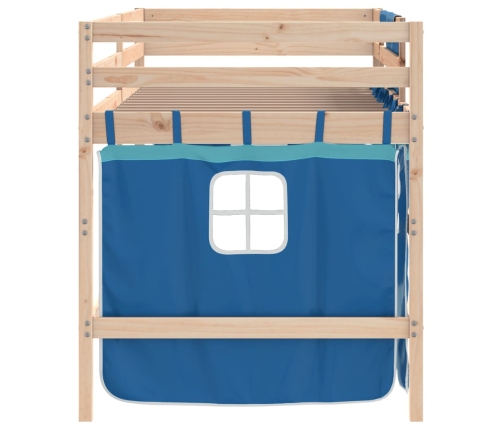 Cama alta para niños con cortinas madera pino azul 90x200 cm