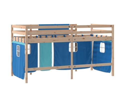 Cama alta para niños con cortinas madera pino azul 90x200 cm