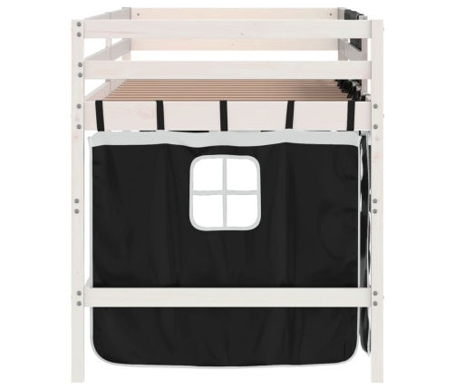 Cama alta niños con cortinas madera pino blanco negro 90x200 cm