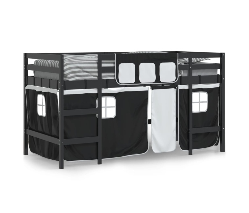 Cama alta niños con cortinas madera pino blanco negro 90x200 cm