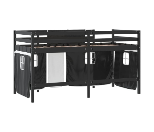 Cama alta niños con cortinas madera pino blanco negro 90x200 cm