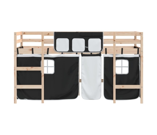 Cama alta niños con cortinas madera pino blanco negro 90x190 cm