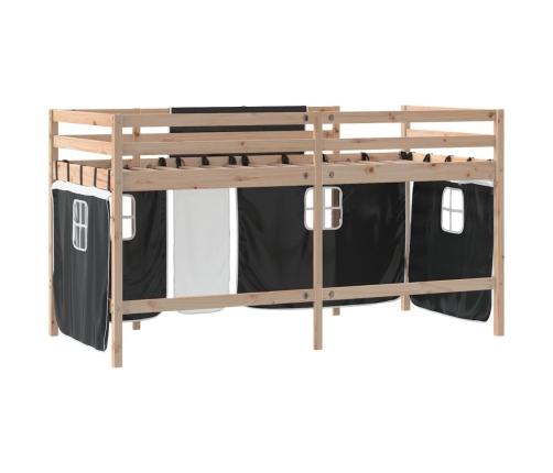 Cama alta niños con cortinas madera pino blanco negro 90x190 cm