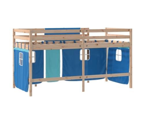 Cama alta para niños con cortinas madera pino azul 90x190 cm