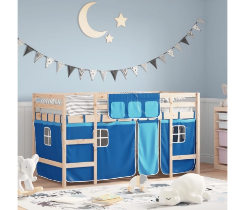 Cama alta para niños con cortinas madera pino azul 90x190 cm