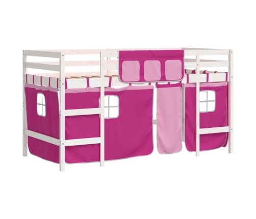 Cama alta para niños con cortinas madera pino rosa 90x190 cm