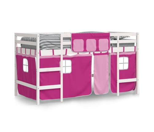 Cama alta para niños con cortinas madera pino rosa 90x190 cm