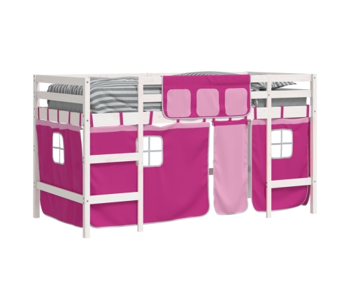 Cama alta para niños con cortinas madera pino rosa 90x190 cm