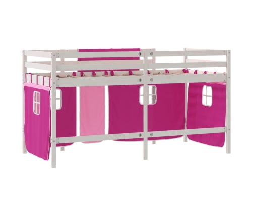 Cama alta para niños con cortinas madera pino rosa 90x190 cm