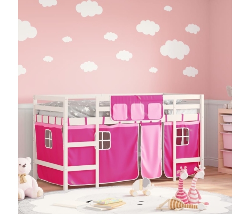 Cama alta para niños con cortinas madera pino rosa 90x190 cm