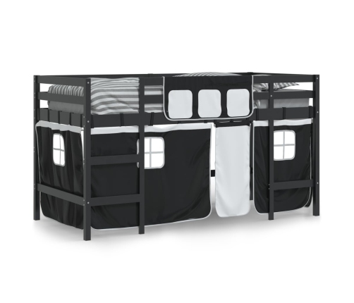 Cama alta niños con cortinas madera pino blanco negro 90x190 cm