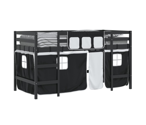 Cama alta niños con cortinas madera pino blanco negro 90x190 cm