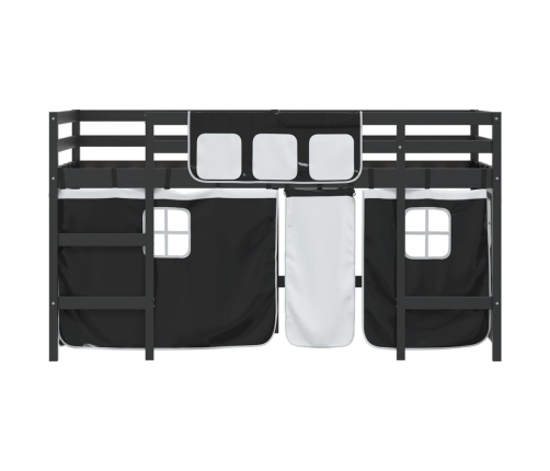 Cama alta niños con cortinas madera pino blanco negro 90x190 cm